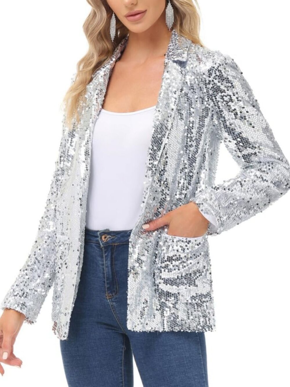 Sparkly Sequin Blazer Jacket for Women | Open Front Long Sleeve Cardigan with